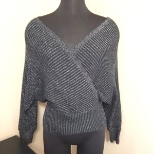 New Anthropologie Criss Cross Black Metallic Sweater XL